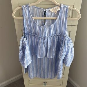 Blue and white striped top. Cut out shoulders. Size L